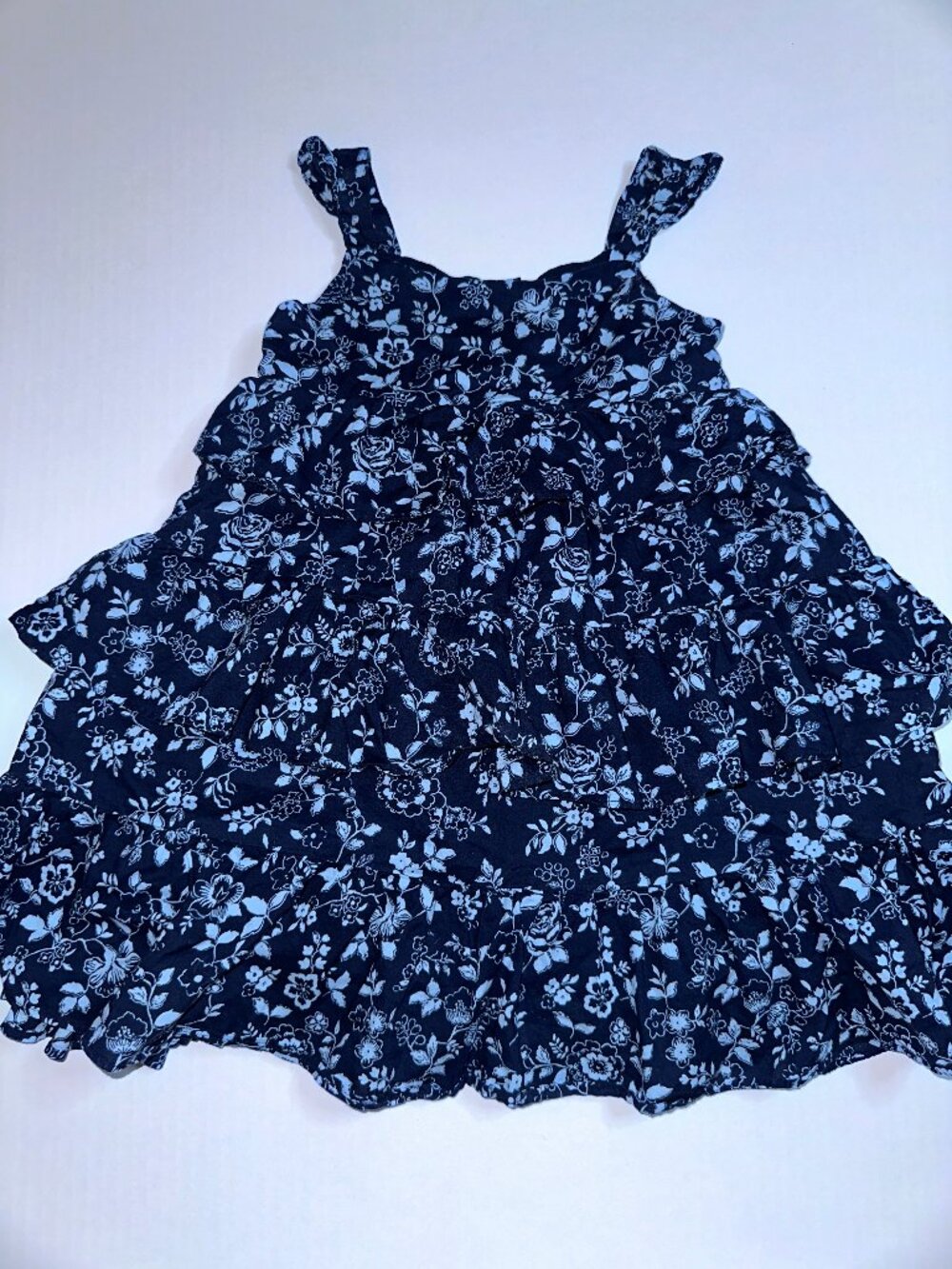 Janie and Jack Floral Tiered Ruffle Dress Girls size 5 Navy & Light Blue #599
